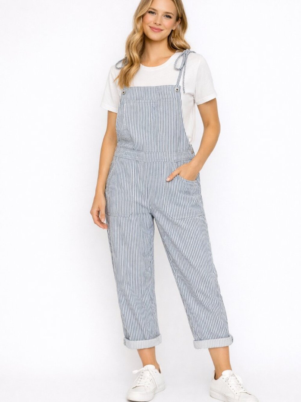 Navy White Striped Overalls Jumpsuit Adjustable Straps Casual Chic Medium NWOT